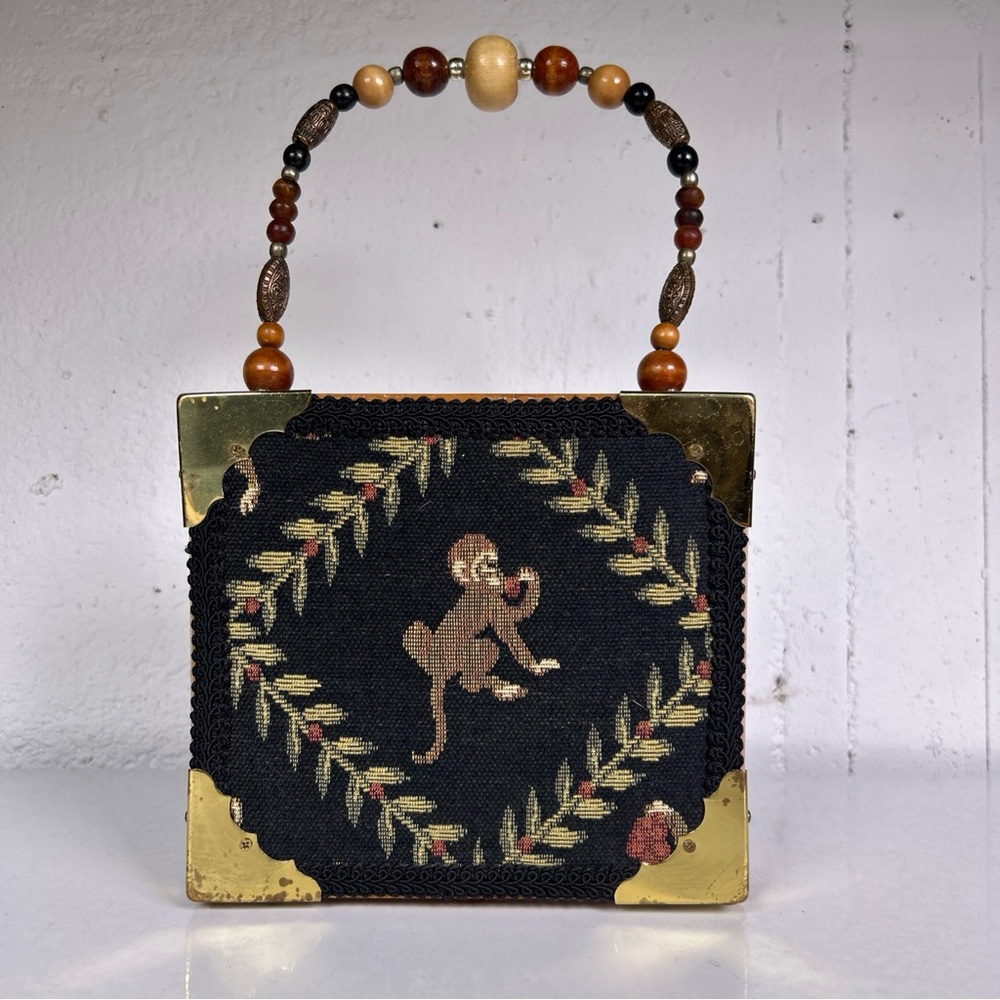 Women’s Wooden Cigar Box Purse Beaded Handle Fabric Monkey Print